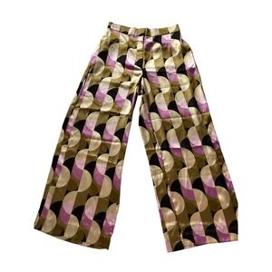 House of Harlow 1960Wide Leg Pants Geometric Retro Print Gold Pink Black Satin L
